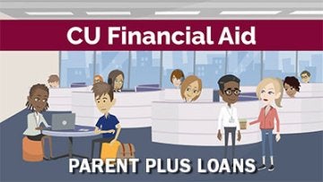 Cartoon image showing people in an imaginary Financial Aid Office with a title of Parent Plus Loans overlayed