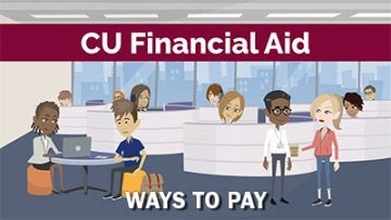 Cartoon image showing people in an imaginary Financial Aid Office with a title of Ways to Pay overlayed