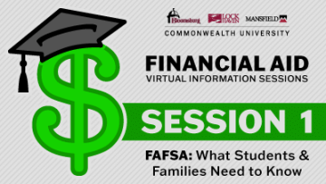 A dollar sign with a graduation cap and the text, Financial Aid Virtual Session
