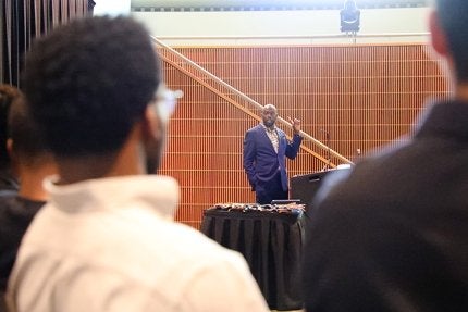 Freeman — an active Bloomsburg student as a football player, member of Kappa Alpha Psi, an Act 101 program assistant, and an orientation workshop leader — anchored his motivational message around four points of advice.