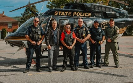 From left, are officer Derek Zettle, CU-Lock Haven police; Chris Presscot, CU-Lock Haven police chief, CSO Ashton Peters, CU-Lock Haven community service officer and senior criminal justice major; Sgt. Frank Shoemaker, CU-LH police; officer Scott Bissman, CU-LH police; and Cpl. Kyle Schaad, PSP helicopter pilot.