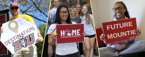 Collage of a male student holding a "Destination BU" sign, a female student holding a Home: Lock Haven University sign and another female student holding a Future Mountie sign