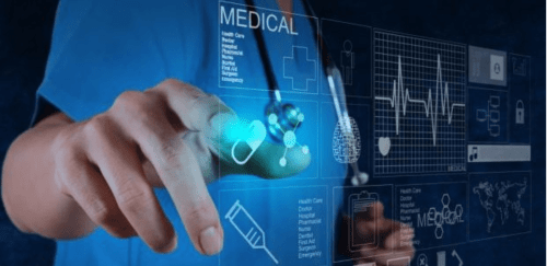 a nurse clicking a futuristic looking screen with medical data, graphs, and charts on it