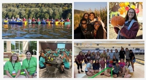 Collage of photos including students in kayaks, student holding a pumpkin, students in a corn field and students bowling