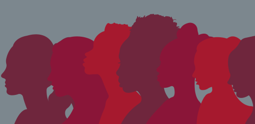 graphic that shows the silhouettes of seven women's faces in different shades of red
