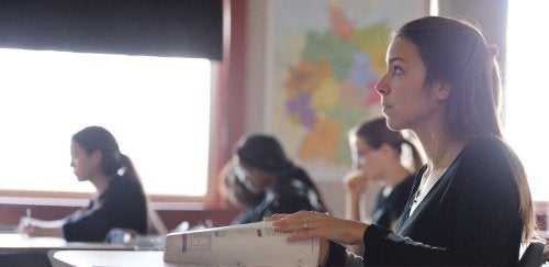 Closeup of female student in a Languages and Cultures class.