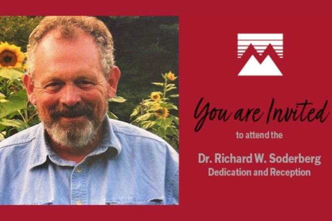 Headshot of Richard Soderberg with text that reads You're Invited to attend a dedication and reception