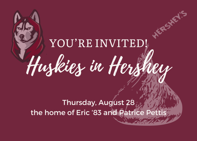Maroon background with white lettering that says "YOU'RE INVITED Huskies in Hershey