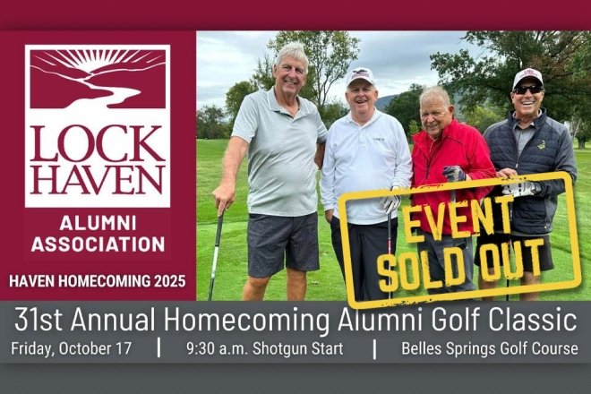 Group of golfers posing for photo and Lock Haven Golf Classic.
