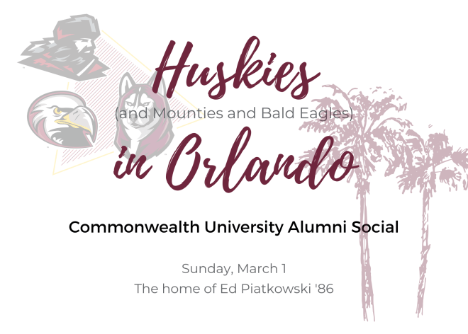 maroon lettering on white background "Huskies in Orlando" in script with watermarks of the triad logo and palm trees