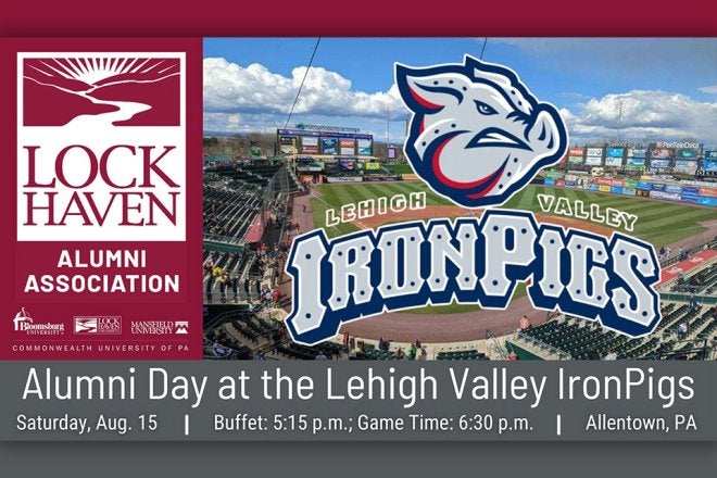 Promotion for Lock Haven's Alumni Day with the Lehigh Valley Ironpigs