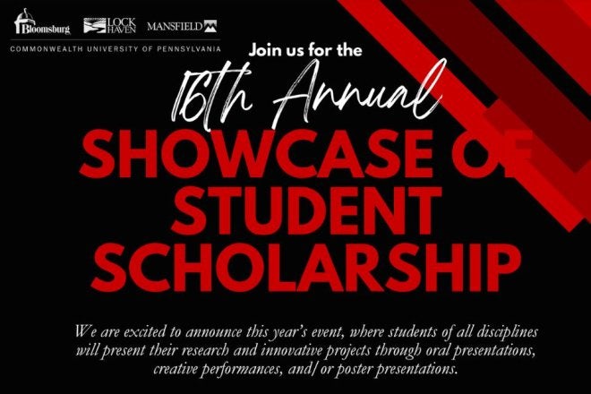 red and black graphic that reads 16th annual Showcase of STudent Scholarship