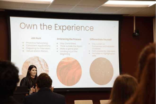 Natalie Pacifico '04 speaks with students at the Spring 2026 Career Intensive Boot Camp