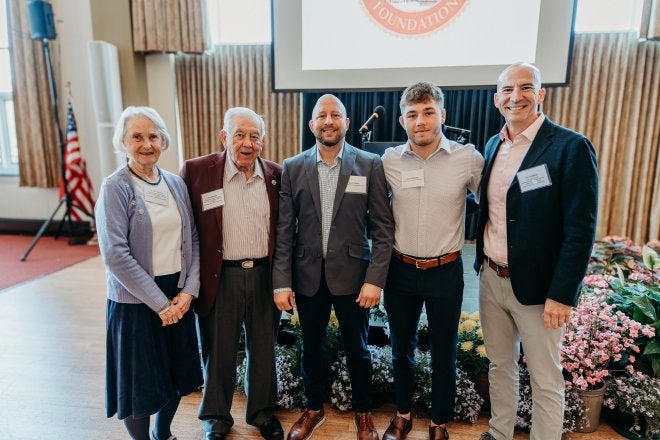 From left, are Jo Ann Bowes, Ron Bowes '66, Scott Moore, Lucas Kapusta (student/men-s wrestler) and Ed Shifflett '96.