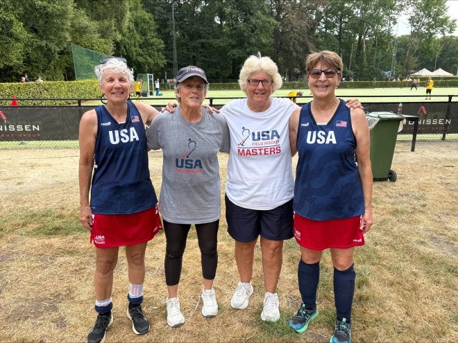 From left, are Jeanette (Newcomer) Arnold '83, Pam "Brillo" Sherry '78, Denise "Gobie" Gobrecht '79, and Pat Rudy '77 at the 2026 World Masters Hockey World Cup.