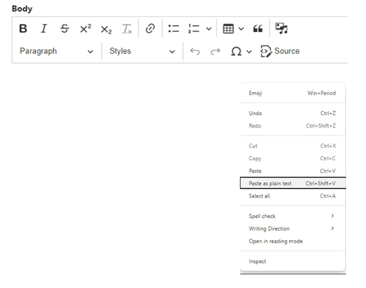 Editor option is showing how users should select the paste as plain text option.
