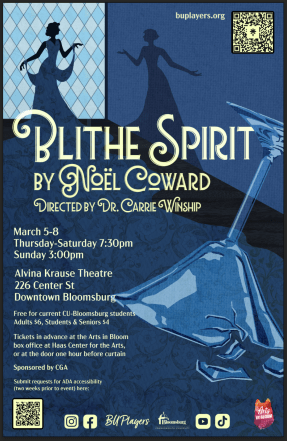 poster for Blithe Spirit showing a cracked cocktail glass and two women's shadows, with an overall blue tone to the image