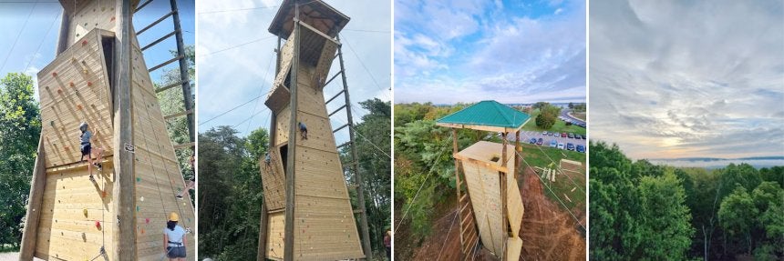 Four photos of the climbing wall at CU-Bloomsburg